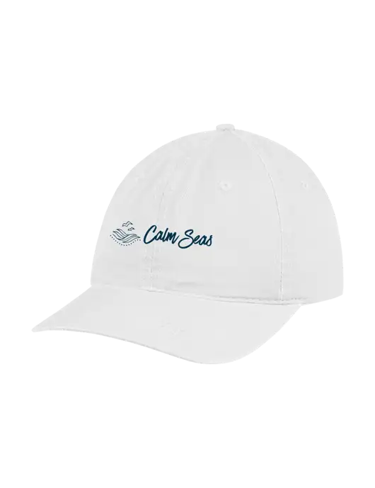 Garment Washed Unstructured Twill White Cap w/Calm Seas Psychotherapy Logo