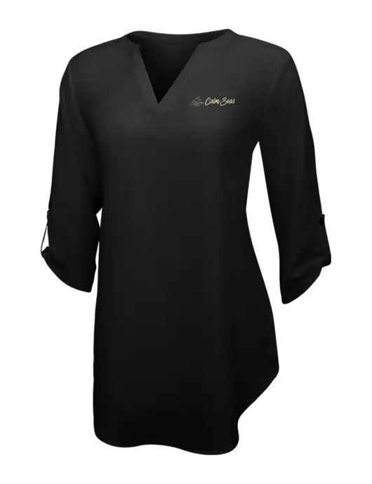 Womens Black 3/4 Sleeve Tunic Blouse w/Calm Seas Psychotherapy Logo
