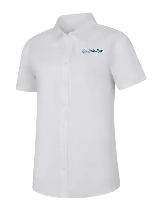 Womens White Short Sleeve Superpro React Twill Shirt w/Calm Seas Psychotherapy Logo