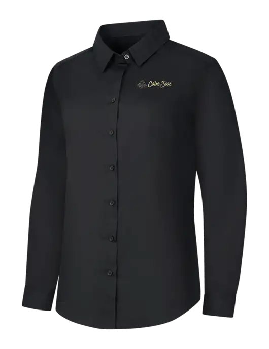 Womens Black Long Sleeve Carefree Poplin Shirt w/Calm Seas Psychotherapy Logo