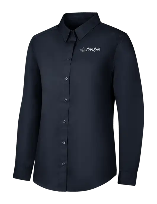 Womens River Blue Navy Long Sleeve Carefree Poplin Shirt w/Calm Seas Psychotherapy Logo