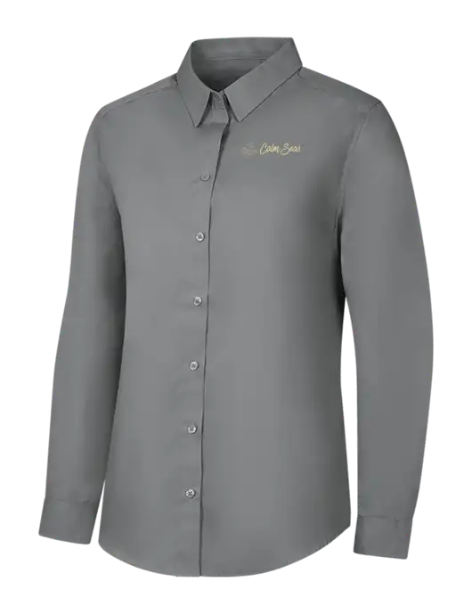 Womens Medium Grey Long Sleeve Carefree Poplin Shirt w/Calm Seas Psychotherapy Logo