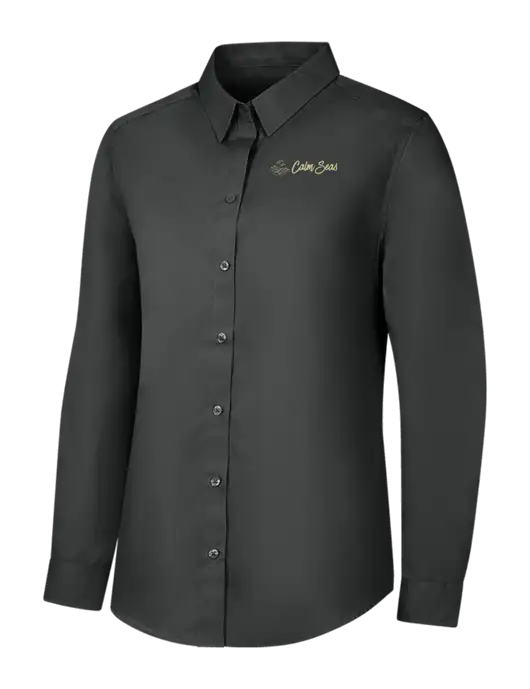 Womens Dark Grey Long Sleeve Carefree Poplin Shirt w/Calm Seas Psychotherapy Logo