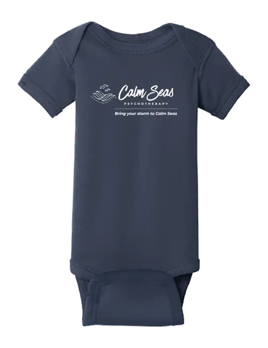 Rabbit Skins Navy Infant Short Sleeve Baby Rib Bodysuit w/Calm Seas Psychotherapy Logo