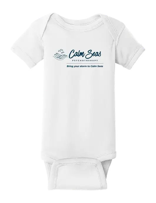 Rabbit Skins White Infant Short Sleeve Baby Rib Bodysuit w/Calm Seas Psychotherapy Logo