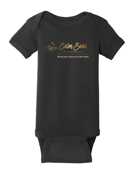 Rabbit Skins Black Infant Short Sleeve Baby Rib Bodysuit w/Calm Seas Psychotherapy Logo