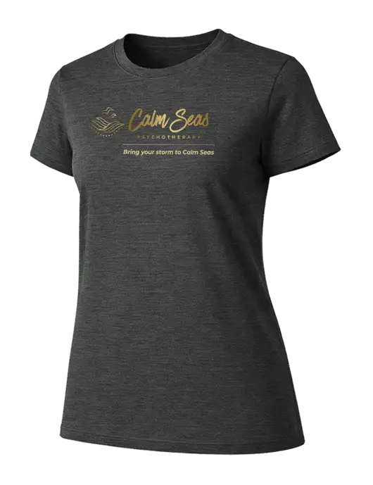 Womens Ring Spun Dark Heather Grey 4.5 oz T-Shirt w/Calm Seas Psychotherapy Logo