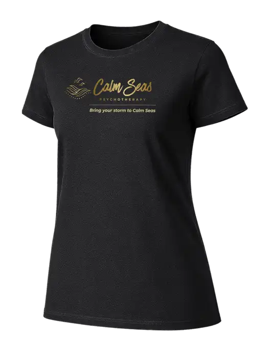 Womens Ring Spun Jet Black 4.5 oz T-Shirt w/Calm Seas Psychotherapy Logo