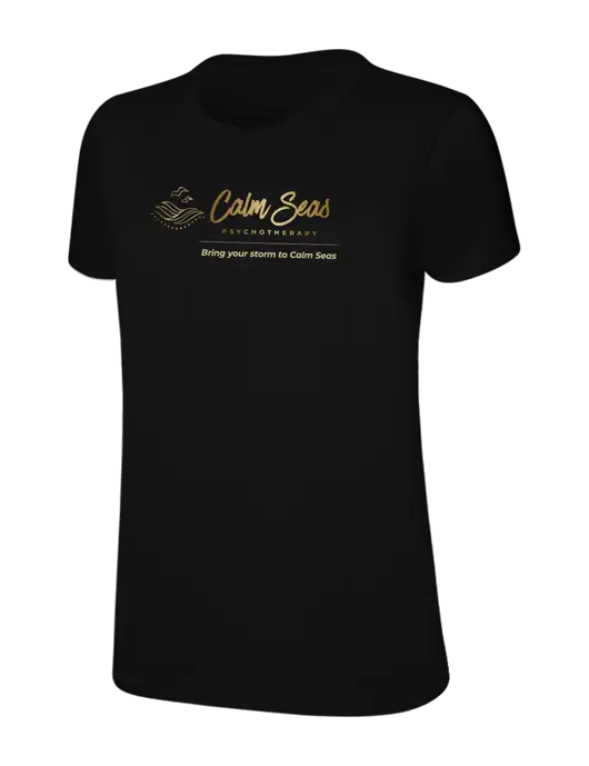 Womens Ring Spun Jet Black 4.5 oz T-Shirt w/Calm Seas Psychotherapy Logo