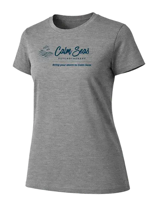 Womens Ring Spun Light Grey Heather 4.5 oz T-Shirt w/Calm Seas Psychotherapy Logo