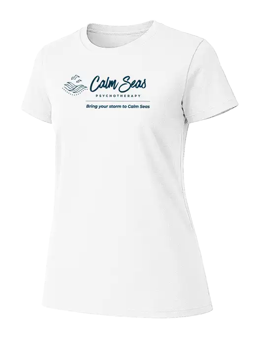 Womens Ring Spun White 4.5 oz T-Shirt w/Calm Seas Psychotherapy Logo