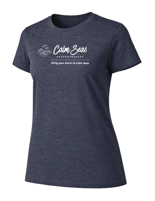 Womens Ring Spun Heather Navy 4.5 oz T-Shirt w/Calm Seas Psychotherapy Logo