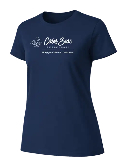 Womens Ring Spun Navy 4.5 oz T-Shirt w/Calm Seas Psychotherapy Logo