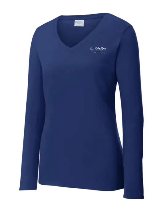 Womens  V-Neck Ring Spun Navy 4.5 oz Long Sleeve T-Shirt w/Calm Seas Psychotherapy Logo