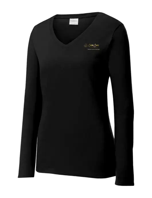 Womens V-Neck Ring Spun Jet Black 4.5 oz Long Sleeve T-Shirt w/Calm Seas Psychotherapy Logo
