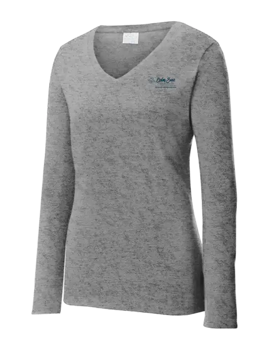 Womens  V-Neck Ring Spun Grey Heather 4.5 oz Long Sleeve T-Shirt w/Calm Seas Psychotherapy Logo