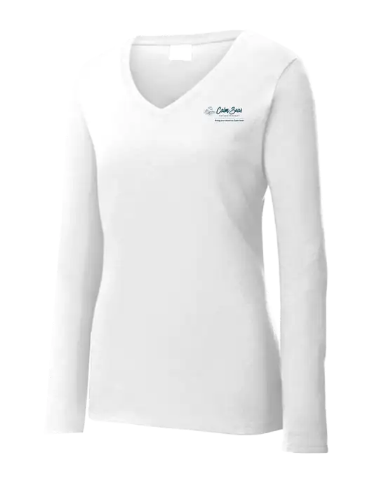 Womens  V-Neck Ring Spun White 4.5 oz Long Sleeve T-Shirt w/Calm Seas Psychotherapy Logo