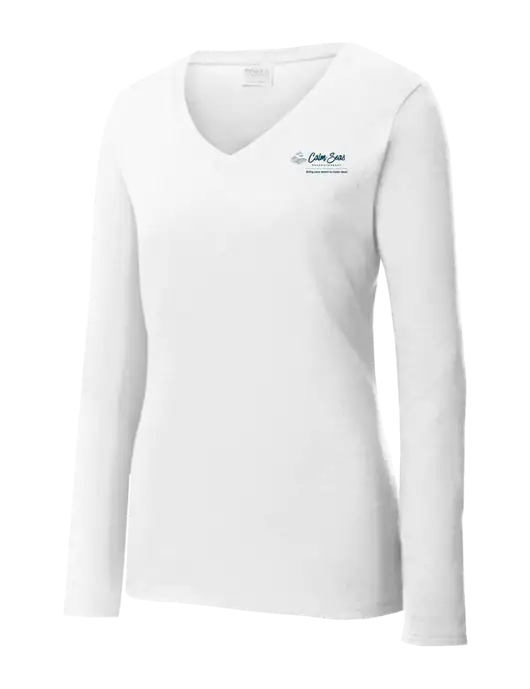 Womens  V-Neck Ring Spun White 4.5 oz Long Sleeve T-Shirt w/Calm Seas Psychotherapy Logo