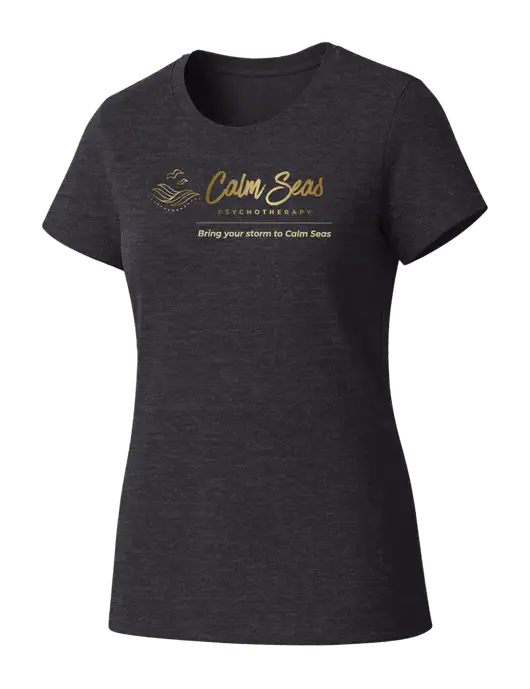 Womens Seriously Soft Heathered Charcoal T-Shirt w/Calm Seas Psychotherapy Logo