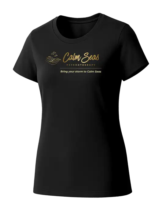 Womens Seriously Soft Black T-Shirt w/Calm Seas Psychotherapy Logo