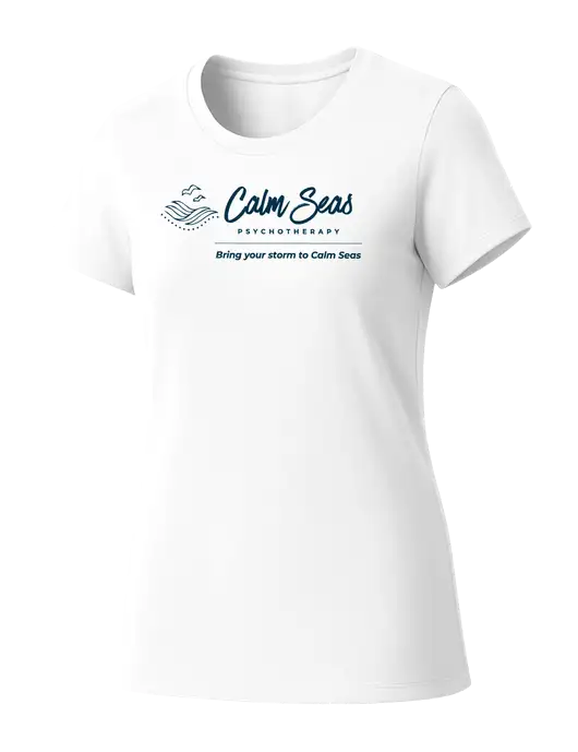 Womens Seriously Soft White T-Shirt w/Calm Seas Psychotherapy Logo
