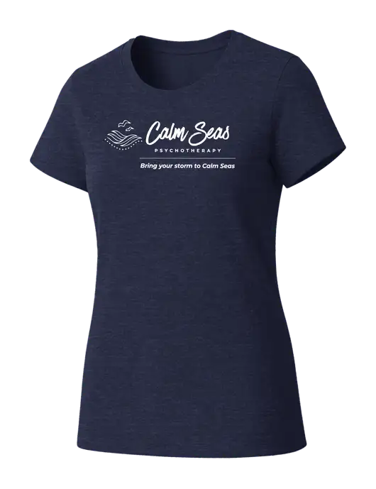 Womens Seriously Soft Heathered Navy T-Shirt w/Calm Seas Psychotherapy Logo