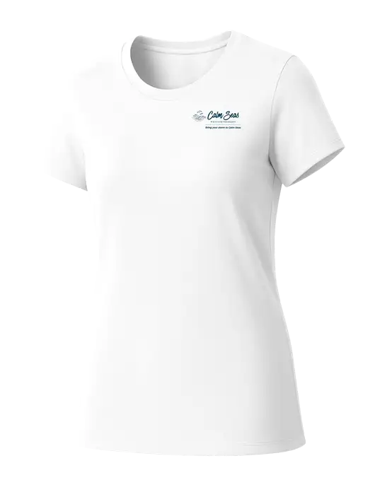 Womens Seriously Soft White T-Shirt w/Calm Seas Psychotherapy Logo