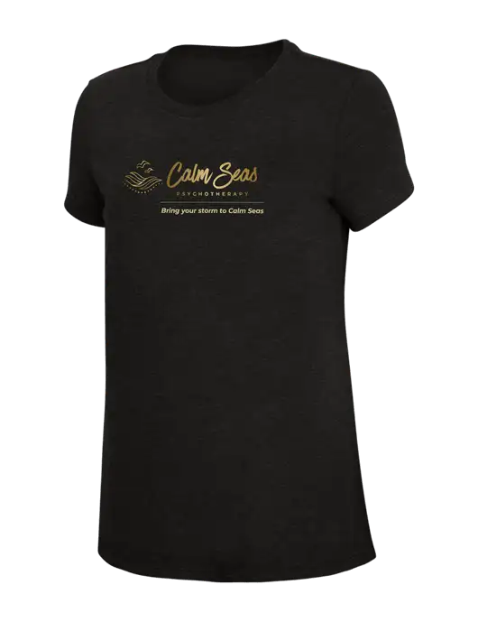 Womens Simply Soft Black 4.5oz Poly/Combed Ring Spun Cotton T-Shirt w/Calm Seas Psychotherapy Logo