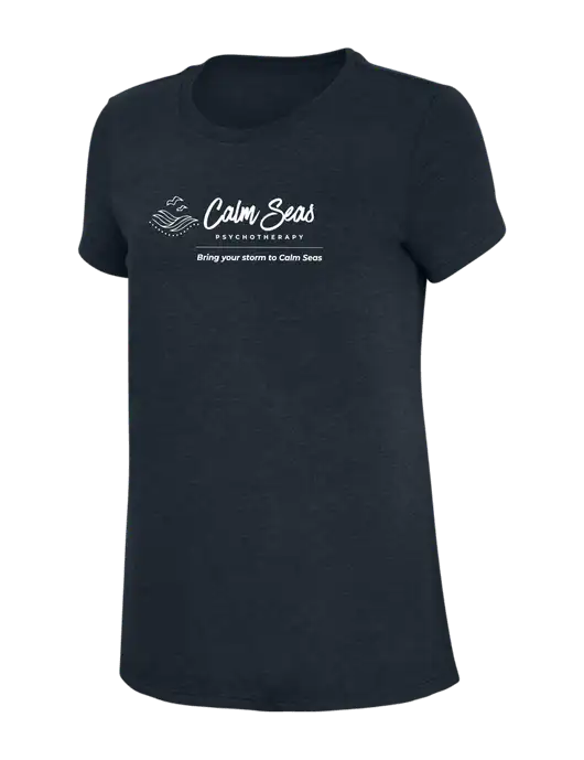 Womens Simply Soft Navy 4.5oz Poly/Combed Ring Spun Cotton T-Shirt w/Calm Seas Psychotherapy Logo