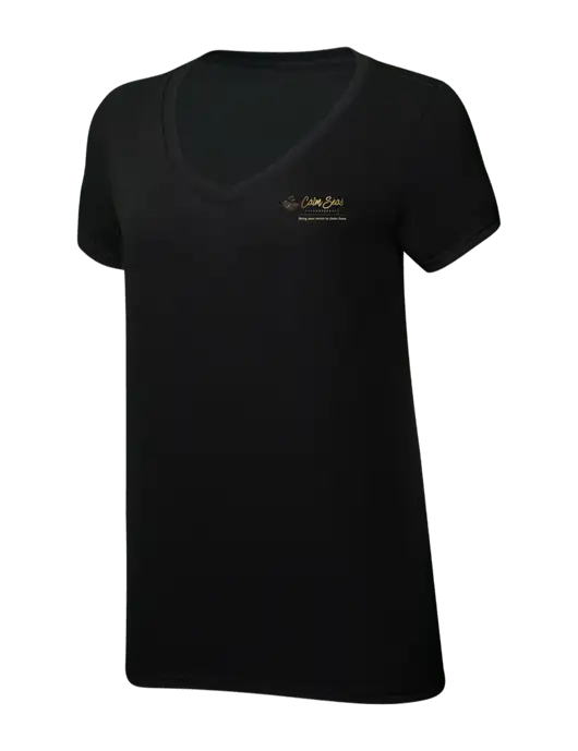 Womens Simply Soft V-Neck Black 4.5oz  Poly/Combed Ring Spun Cotton T-Shirt w/Calm Seas Psychotherapy Logo