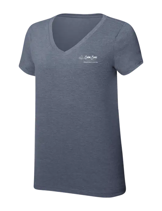 Womens Simply Soft V-Neck Navy Frost 4.5oz  Poly/Combed Ring Spun Cotton T-Shirt w/Calm Seas Psychotherapy Logo