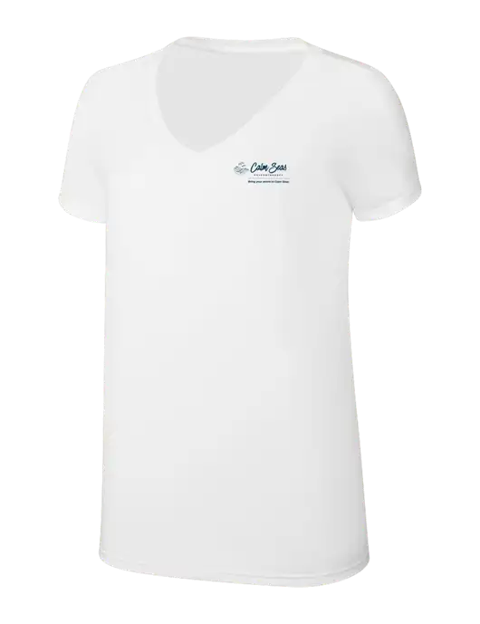 Womens Simply Soft V-Neck White 4.5oz  Poly/Combed Ring Spun Cotton T-Shirt w/Calm Seas Psychotherapy Logo