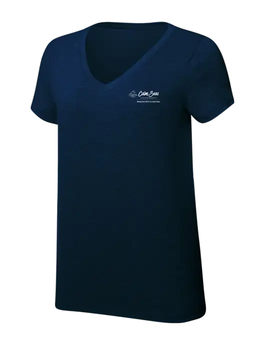 Womens Simply Soft V-Neck New Navy 4.5oz  Poly/Combed Ring Spun Cotton T-Shirt w/Calm Seas Psychotherapy Logo