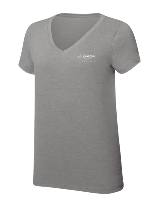 Womens Simply Soft V-Neck Grey Frost 4.5oz  Poly/Combed Ring Spun Cotton T-Shirt w/Calm Seas Psychotherapy Logo