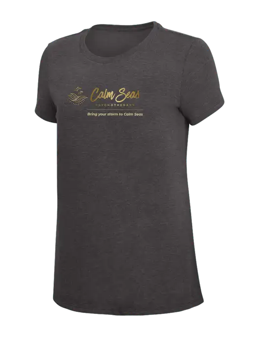 Womens Simply Soft Heather Charcoal 4.5oz  Poly/Combed Ring Spun Cotton T-Shirt w/Calm Seas Psychotherapy Logo