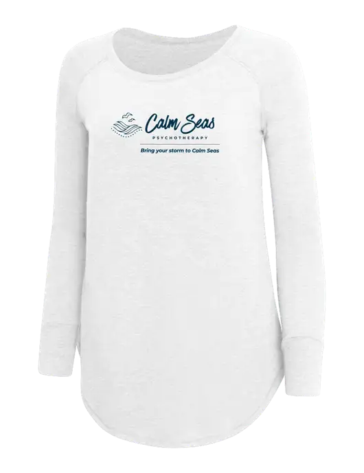 Womens Perfect Wide Collar Tunic Tri-Blend White 4.5 oz T-Shirt w/Calm Seas Psychotherapy Logo