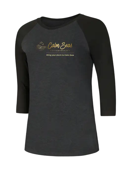 Womens Simply Soft 3/4 Sleeve Black/Black Frost Ring Spun Cotton T-Shirt w/Calm Seas Psychotherapy Logo