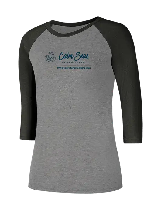Womens Simply Soft 3/4 Sleeve Black Frost/Grey Frost Ring Spun Cotton T-Shirt w/Calm Seas Psychotherapy Logo