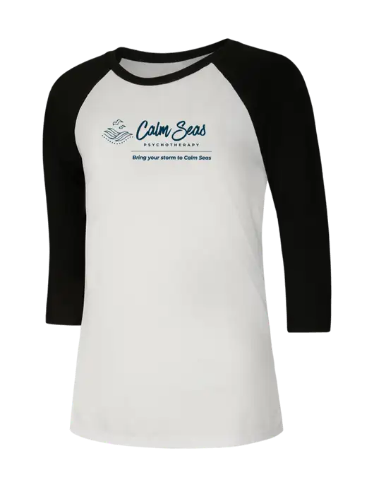 Womens Simply Soft 3/4 Sleeve Black/White Ring Spun Cotton T-Shirt w/Calm Seas Psychotherapy Logo