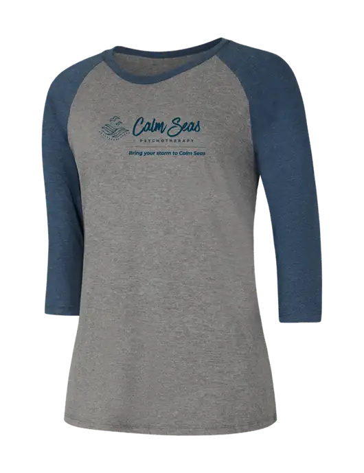 Womens Simply Soft 3/4 Sleeve Navy Frost/Grey Frost Ring Spun Cotton T-Shirt w/Calm Seas Psychotherapy Logo