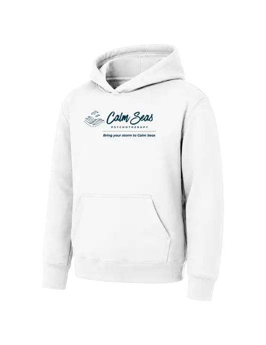 Youth White 7.8 oz Pullover Hooded Sweatshirt w/Calm Seas Psychotherapy Logo