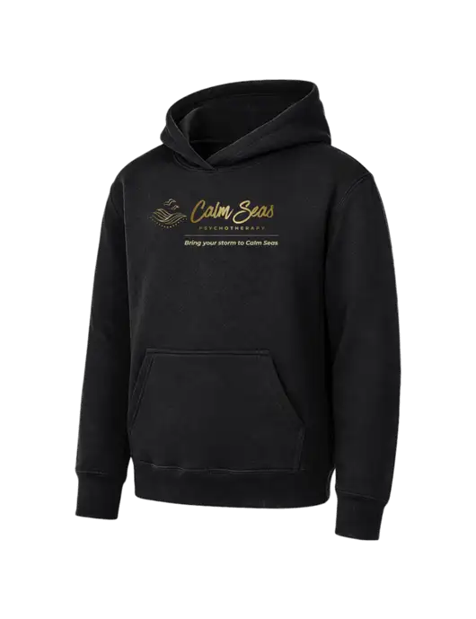 Youth Black 7.8 oz Pullover Hooded Sweatshirt w/Calm Seas Psychotherapy Logo