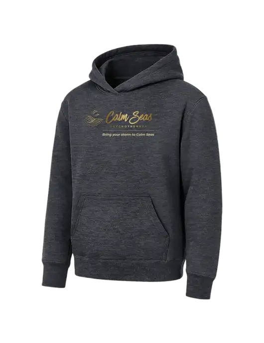 Youth Dark Heather Grey 7.8 oz Pullover Hooded Sweatshirt w/Calm Seas Psychotherapy Logo