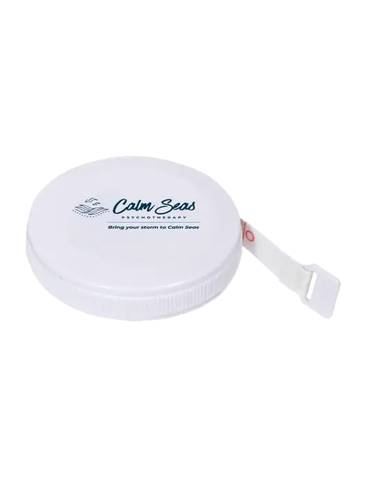 White Round Tape Measure w/Calm Seas Psychotherapy Logo