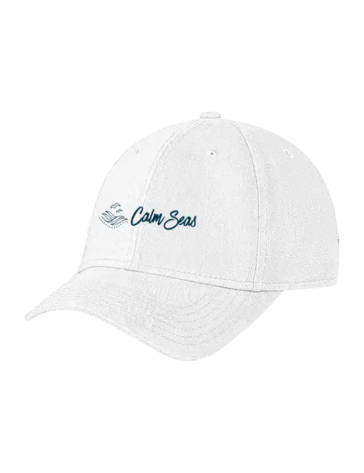 White Structured Soft Snap Closure Hook & Loop Cap w/Calm Seas Psychotherapy Logo