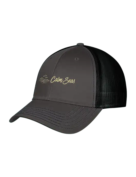 Charcoal & Black Mesh Trucker Cap Snap Back w/Calm Seas Psychotherapy Logo
