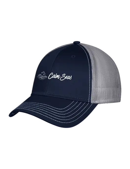 Navy & Grey Mesh Trucker Cap Snap Back w/Calm Seas Psychotherapy Logo