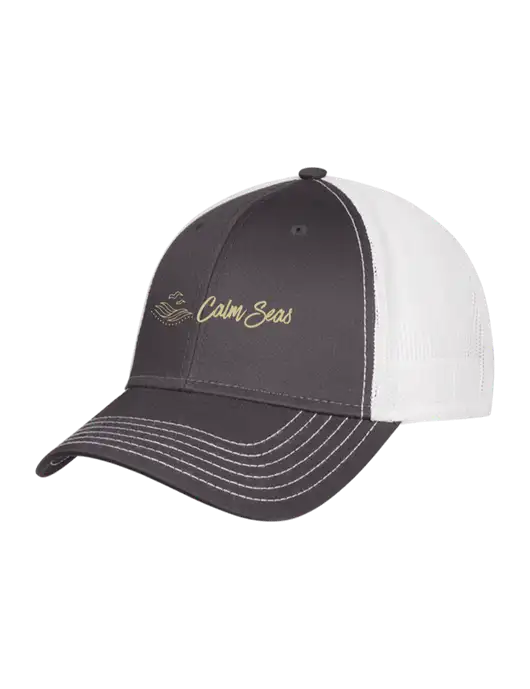 Dark Grey/White Mesh Trucker Cap Snap Back w/Calm Seas Psychotherapy Logo