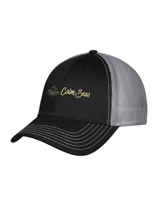 Black/Medium Dark Grey Mesh Trucker Cap Snap Back w/Calm Seas Psychotherapy Logo