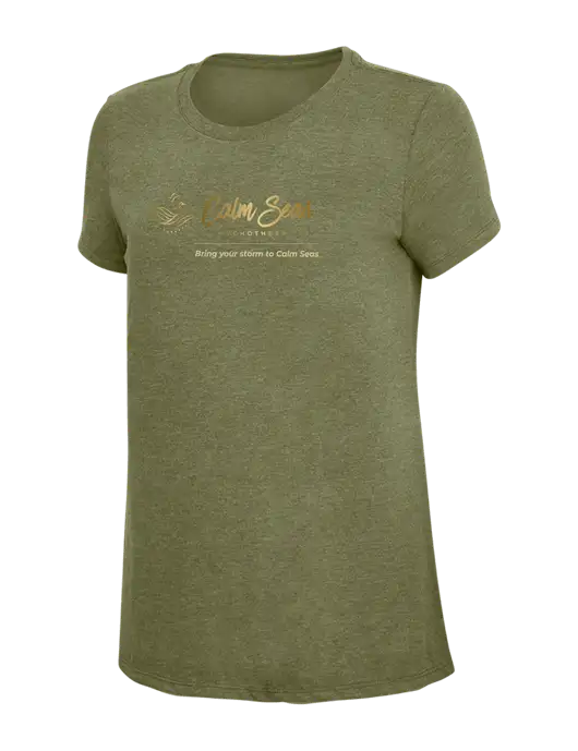 Womens Simply Soft Military Green Frost 4.5oz Poly/Combed Ring Spun Cotton T-Shirt
 w/Calm Seas Psychotherapy Logo